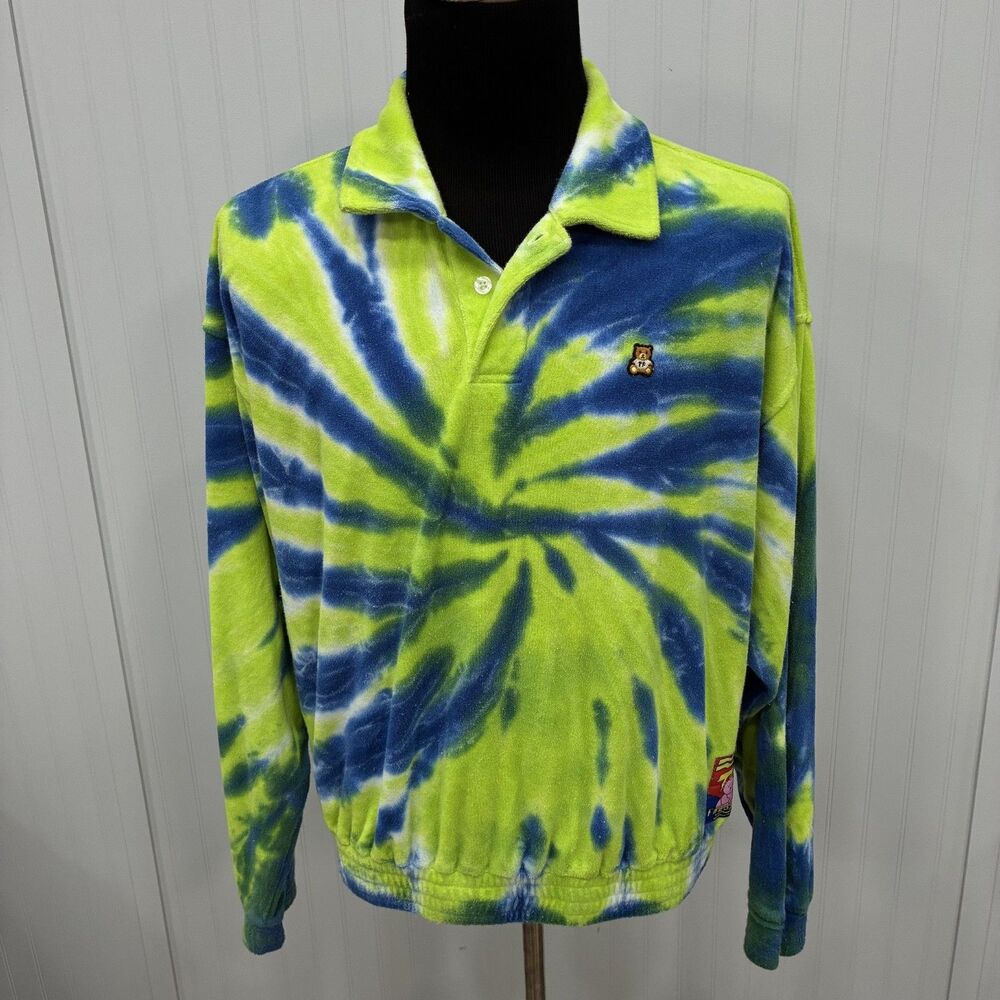 Teddy Fresh Blue Lime Green Tie Dye Terry Cloth Long Sleeve Polo Sweater Large
